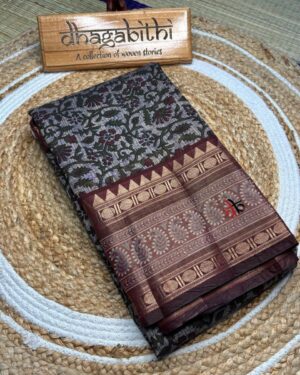 Floral Ajrakh Saree with Maroon Zari Border