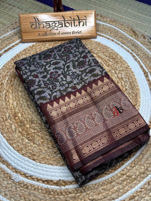Floral Ajrakh Saree with Maroon Zari Border