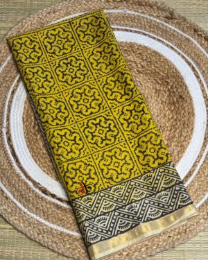 Mustard And Black Double Block Print Chanderi Saree