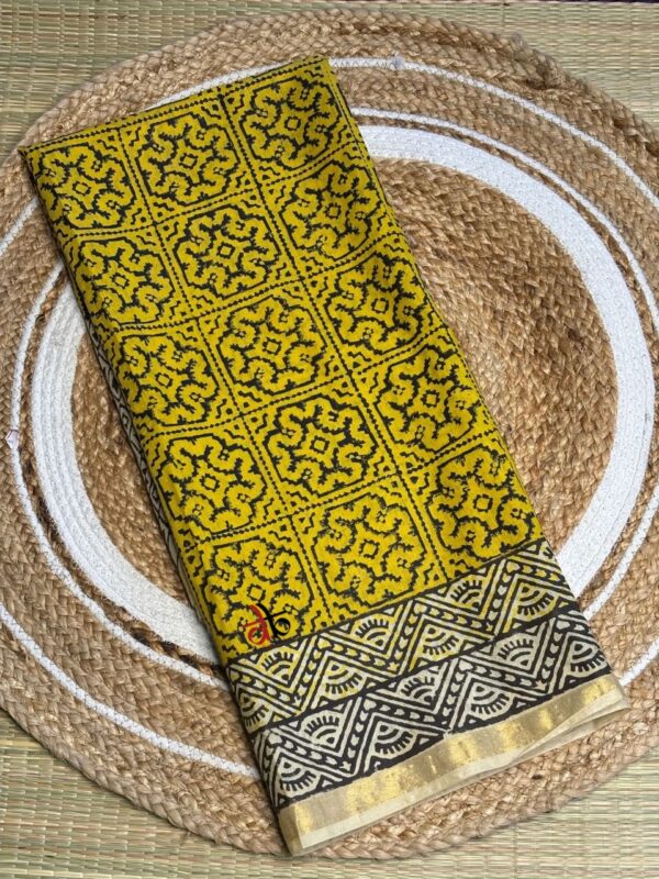 Mustard And Black Double Block Print Chanderi Saree