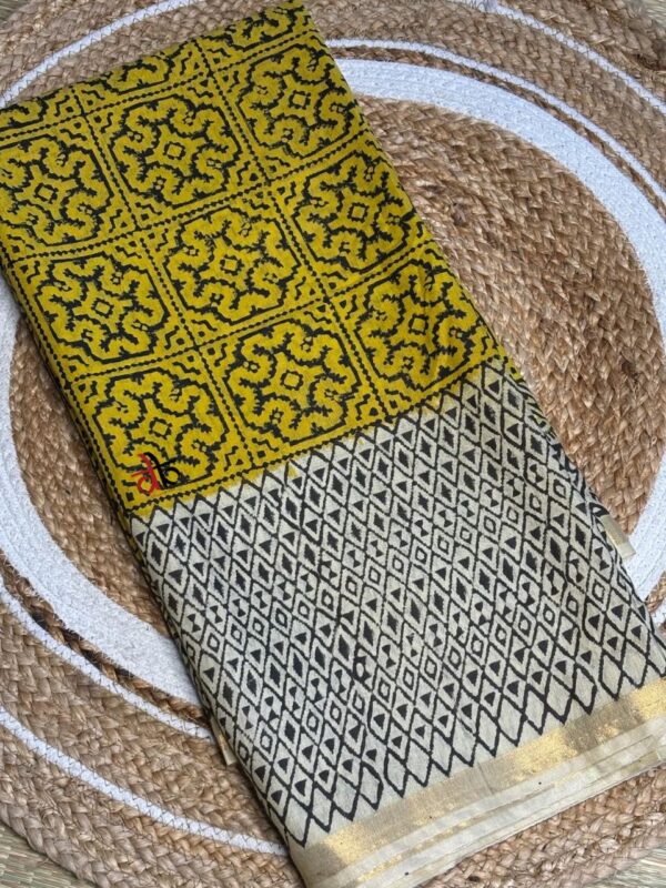 Mustard And Black Double Block Print Chanderi Saree