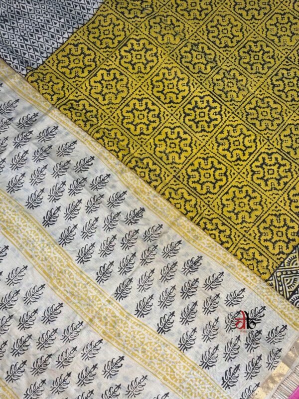 Mustard And Black Double Block Print Chanderi Saree