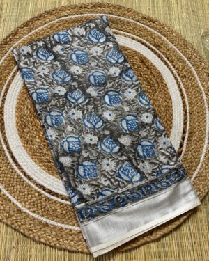 Cloud Grey & Blue Blossoms Linen Saree