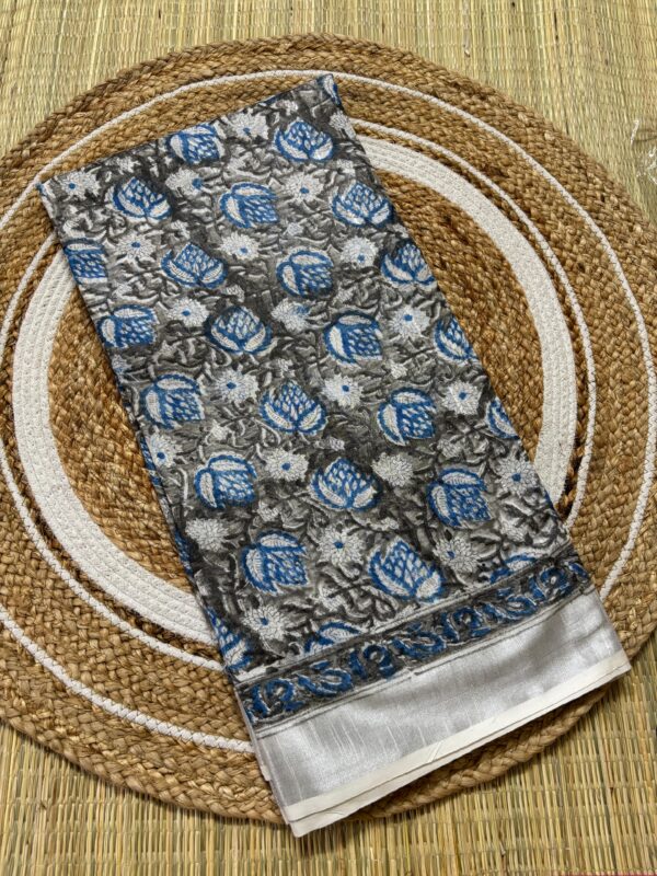 Cloud Grey & Blue Blossoms Linen Saree