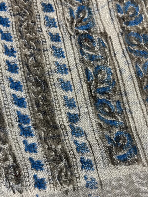 Cloud Grey & Blue Blossoms Linen Saree