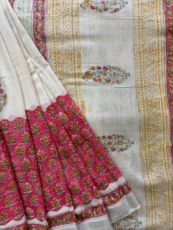 Floral Linen Saree in Soothing White & Pink