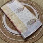 Floral Linen Saree in Soothing White & Pink