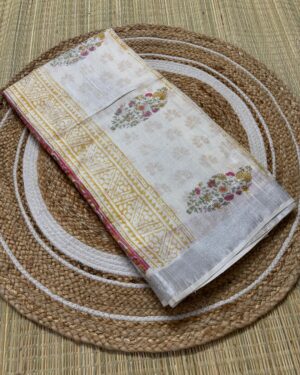 Floral Linen Saree in Soothing White & Pink