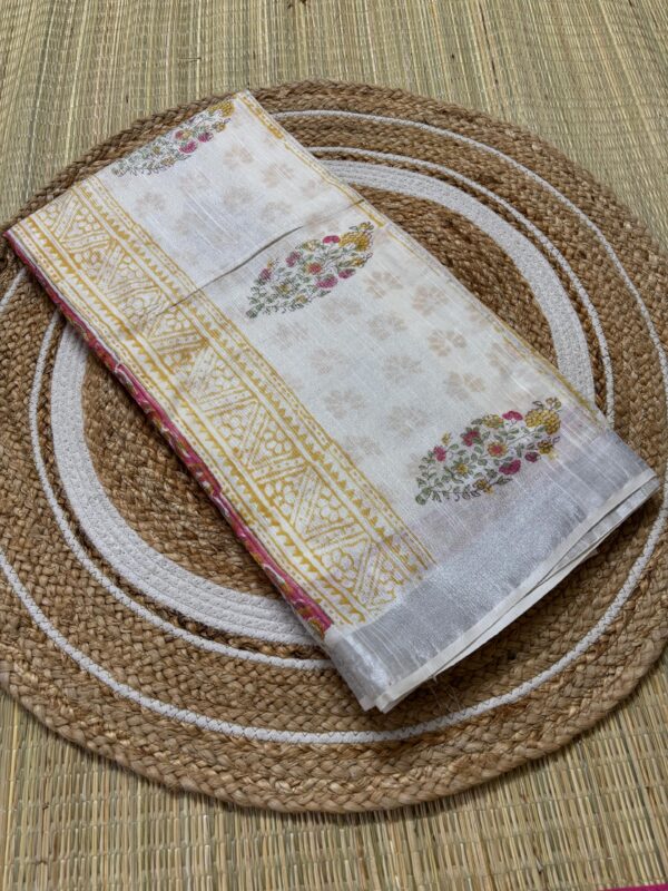 Floral Linen Saree in Soothing White & Pink
