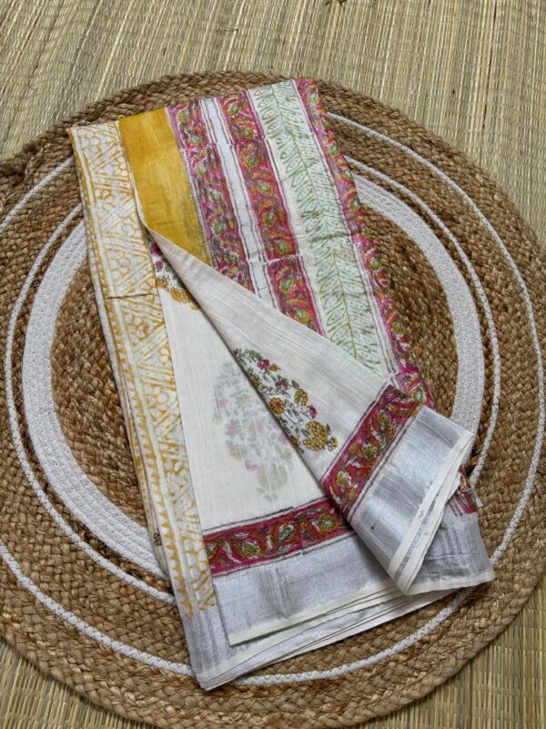 Floral Linen Saree in Soothing White & Pink