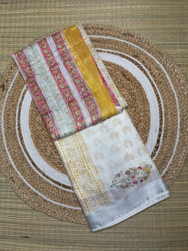 Floral Linen Saree in Soothing White & Pink