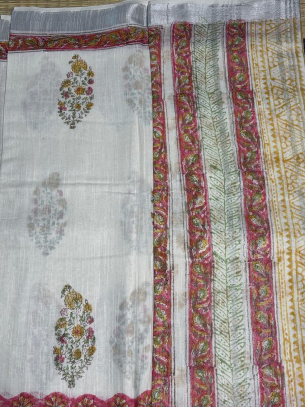 Floral Linen Saree in Soothing White & Pink