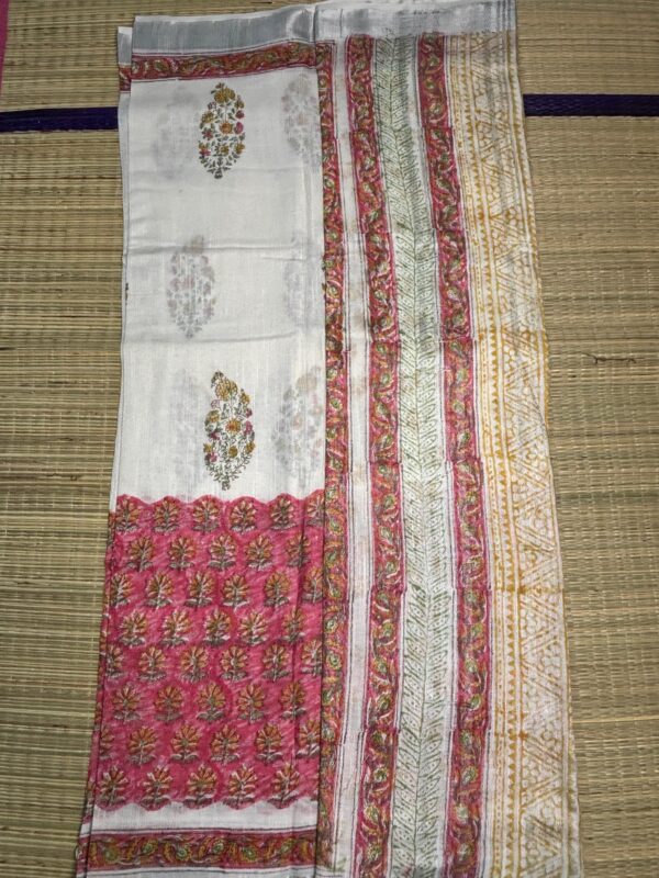 Floral Linen Saree in Soothing White & Pink