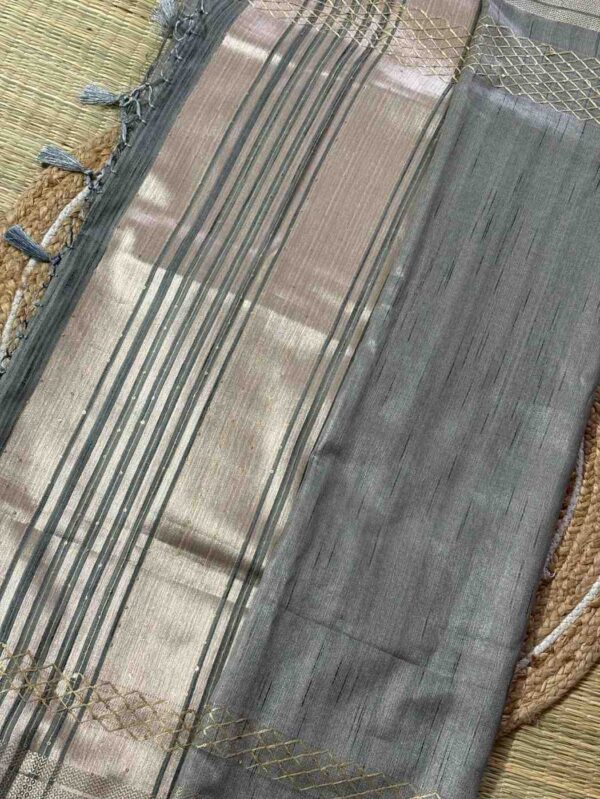 Steel Grey Geecha Tissue Silk Saree With Zari Border