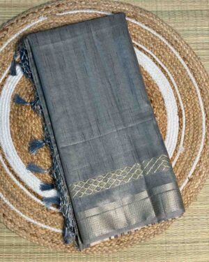 Steel Grey Geecha Tissue Silk Saree With Zari Border