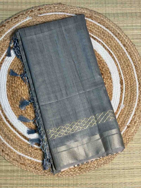 Steel Grey Geecha Tissue Silk Saree With Zari Border
