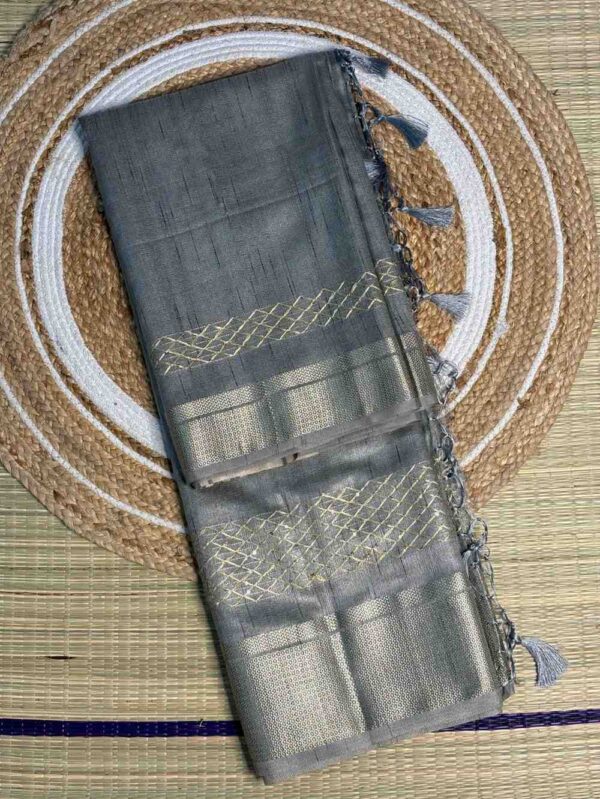 Steel Grey Geecha Tissue Silk Saree With Zari Border