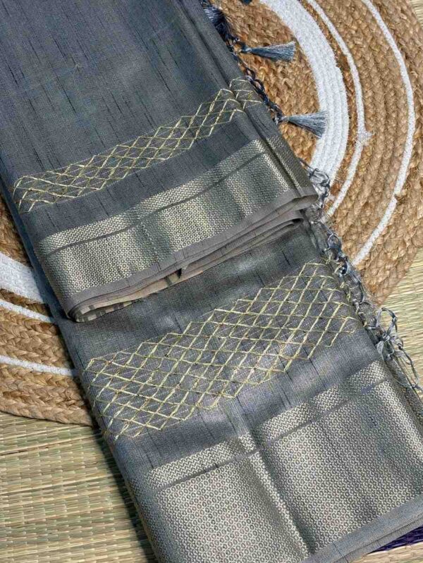 Steel Grey Geecha Tissue Silk Saree With Zari Border