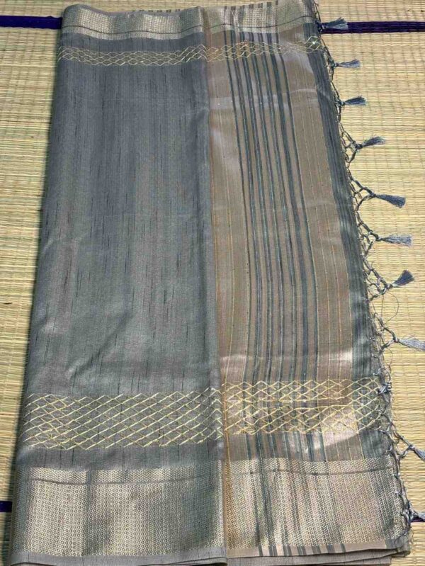 Steel Grey Geecha Tissue Silk Saree With Zari Border