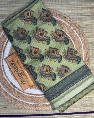 Olive Checkered Jamdani Cotton With Bold Paisley Motifs