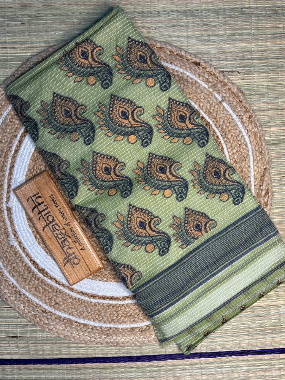 Olive Checkered Jamdani Cotton With Bold Paisley Motifs