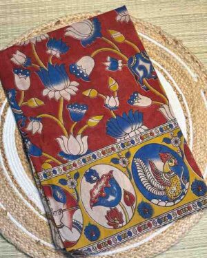 Rust Kalamkari Handloom Saree With Floral & Folk Art Motifs