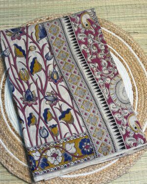Ivory Kalamkari Handloom Saree With Floral Panels