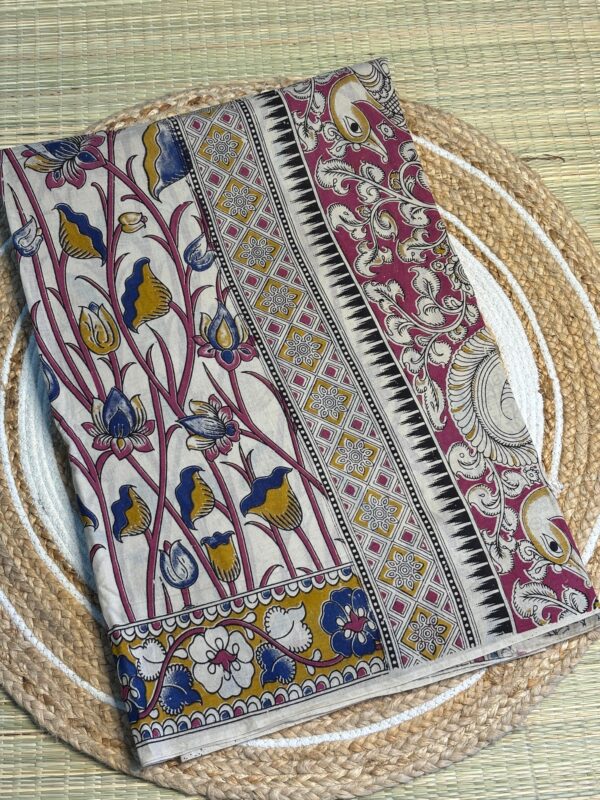 Ivory Kalamkari Handloom Saree With Floral Panels