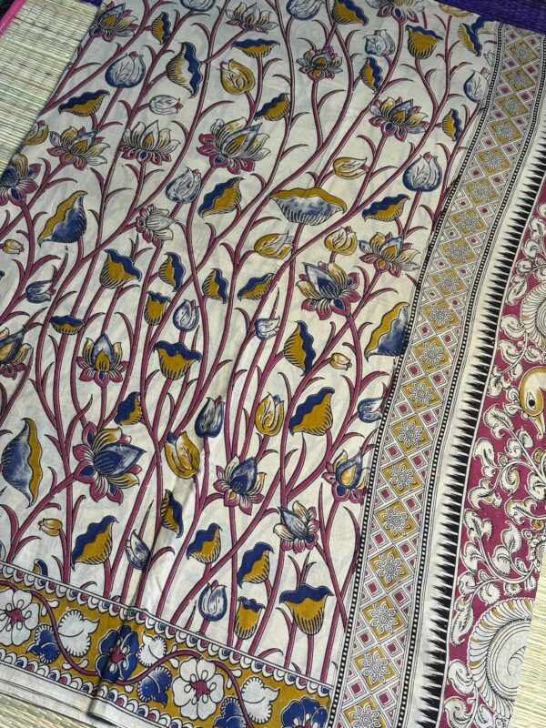 Ivory Kalamkari Handloom Saree With Floral Panels