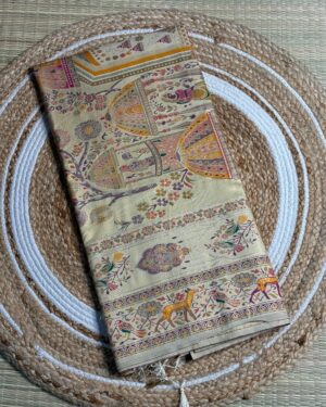Cream Kani Silk Saree With Intricate Woven Motifs