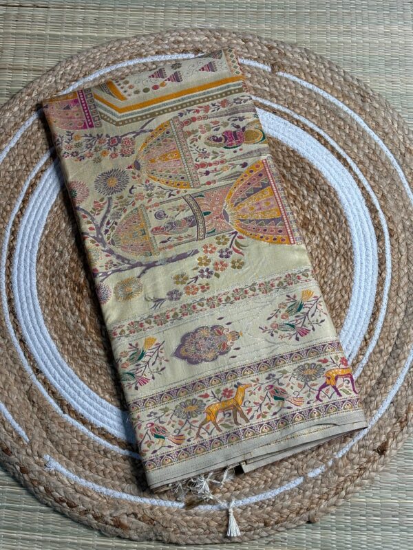 Cream Kani Silk Saree With Intricate Woven Motifs