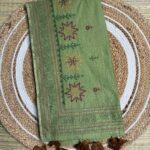 Handcrafted Sage Green Kantha Stitch Cotton Saree
