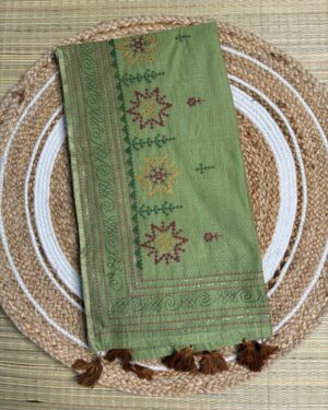 Handcrafted Sage Green Kantha Stitch Cotton Saree