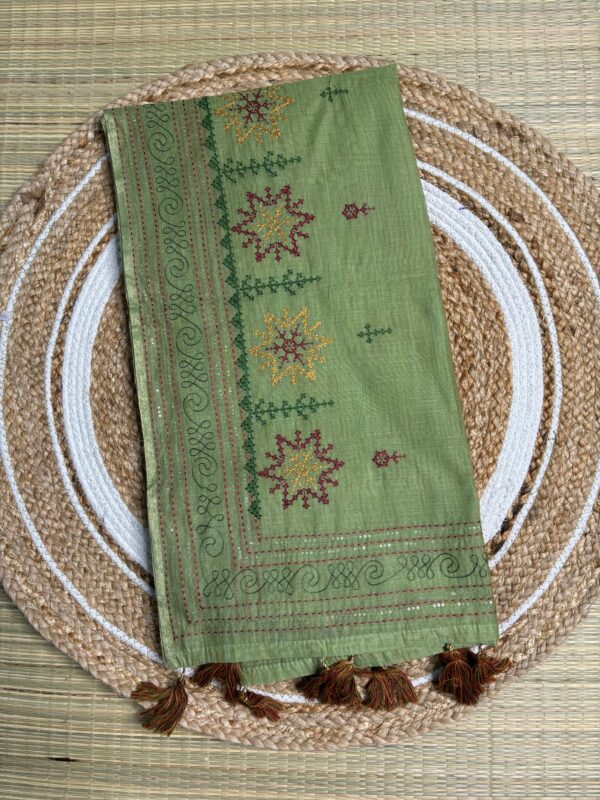 Handcrafted Sage Green Kantha Stitch Cotton Saree