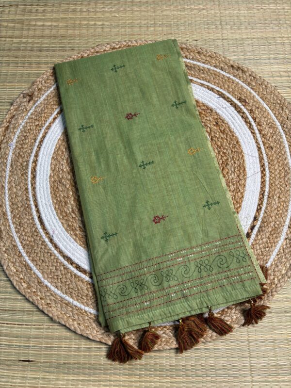 Handcrafted Sage Green Kantha Stitch Cotton Saree