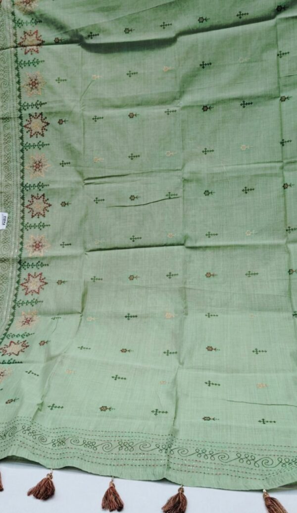 Handcrafted Sage Green Kantha Stitch Cotton Saree