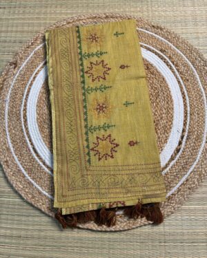 Handcrafted Mustard Yellow Kantha Stitch Cotton Saree