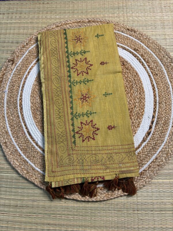 Handcrafted Mustard Yellow Kantha Stitch Cotton Saree
