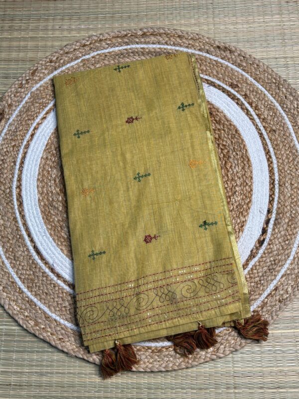 Handcrafted Mustard Yellow Kantha Stitch Cotton Saree
