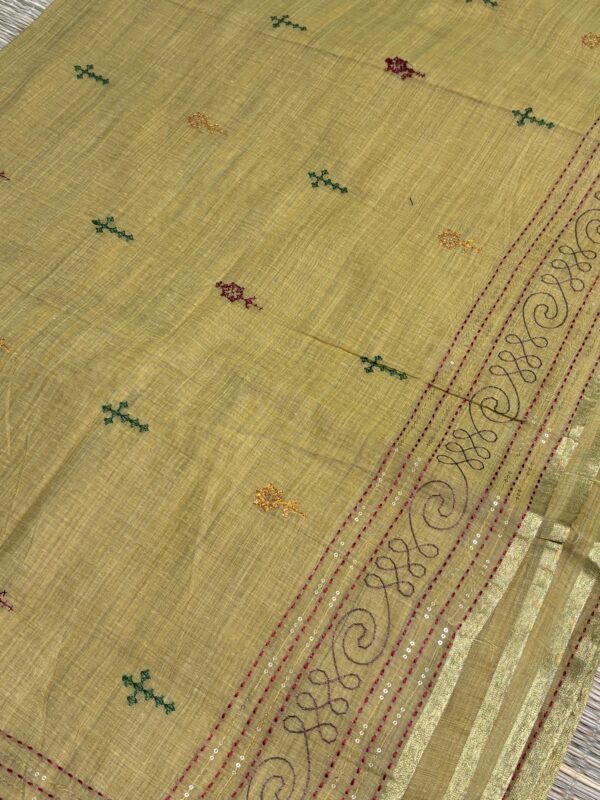 Handcrafted Mustard Yellow Kantha Stitch Cotton Saree