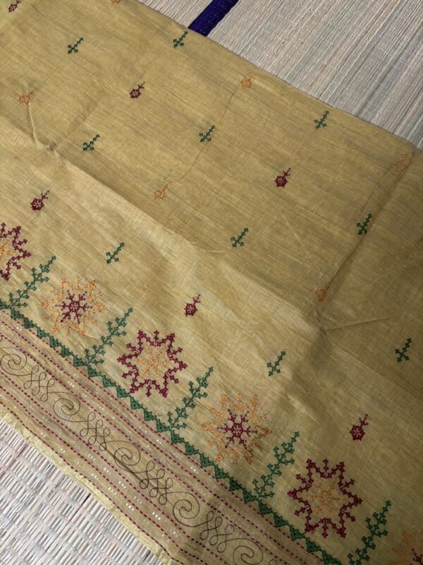 Handcrafted Mustard Yellow Kantha Stitch Cotton Saree