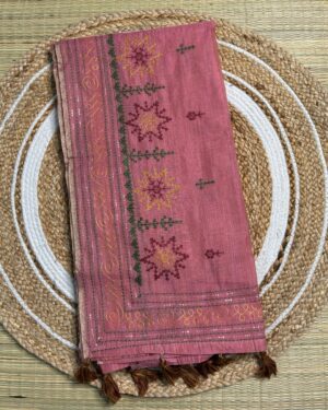 Handcrafted Rose Pink Kantha Stitch Cotton Saree