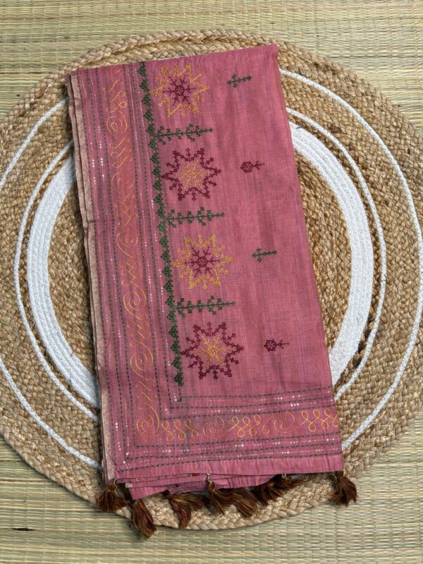 Handcrafted Rose Pink Kantha Stitch Cotton Saree
