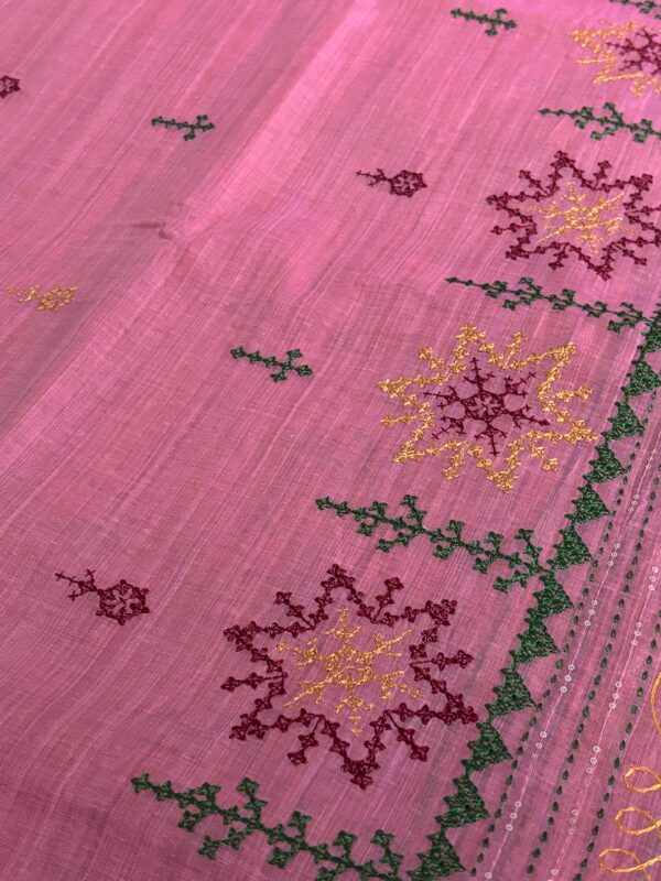 Handcrafted Rose Pink Kantha Stitch Cotton Saree