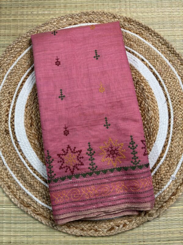 Handcrafted Rose Pink Kantha Stitch Cotton Saree