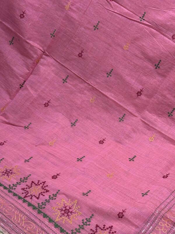 Handcrafted Rose Pink Kantha Stitch Cotton Saree