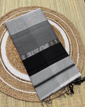 Black & Silver Striped Maheshwari Handloom With Resham Border