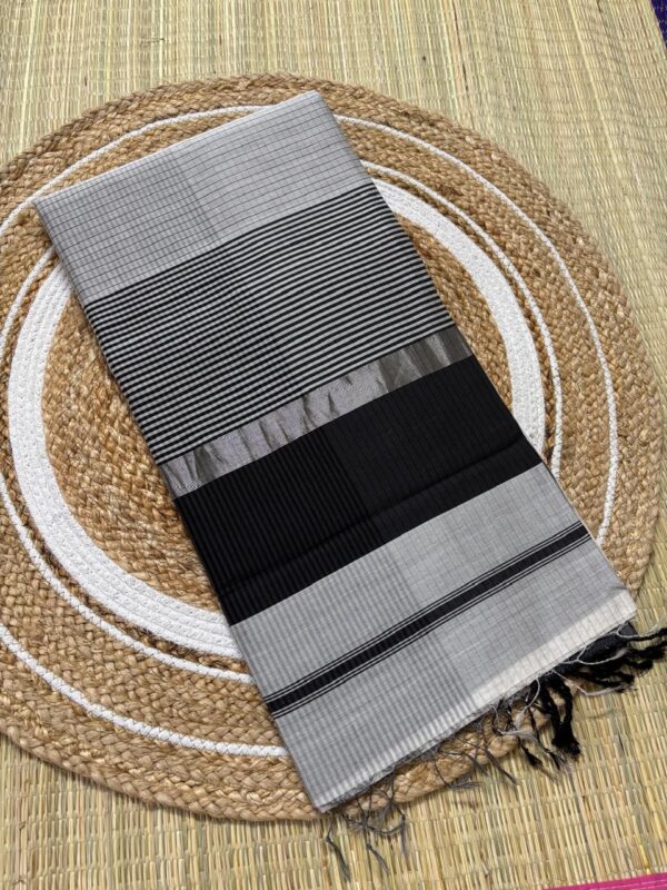 Black & Silver Striped Maheshwari Handloom With Resham Border
