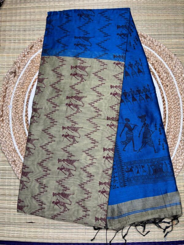 Dual Tone Tribal Print Saree In Indigo And Beige