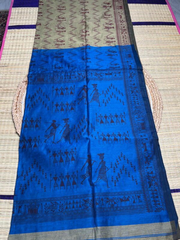 Dual Tone Tribal Print Saree In Indigo And Beige